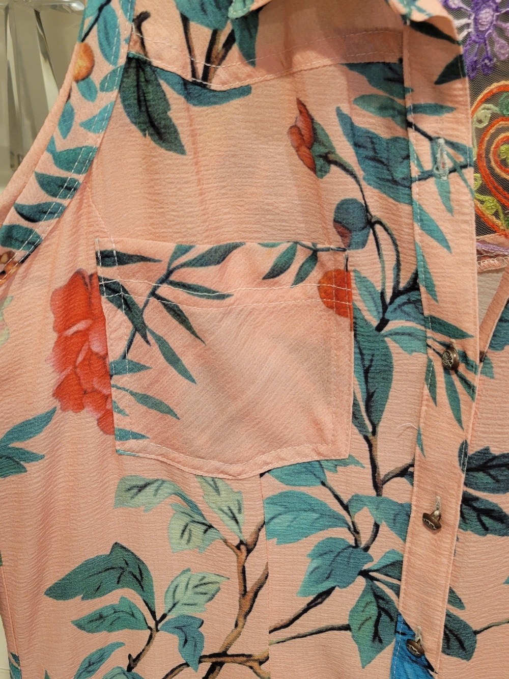 Soft Surroundings Peach Maxi Dress with Blue & Teal Botanical Bird Print - Picture 5 of 6